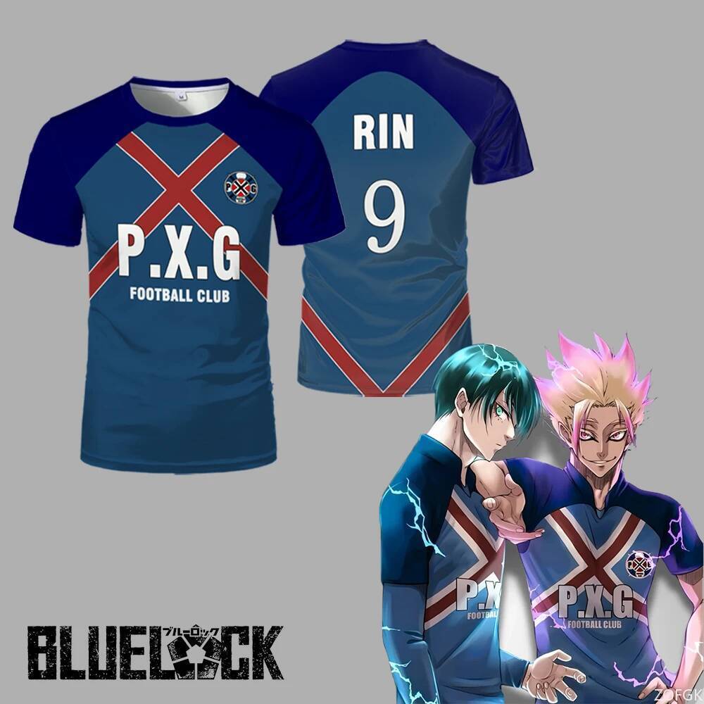 Anime Japonês Azul Bloqueio PXG RIN Uniformes Da Equipe Camisa Cinco Um Lado Futebol Camiseta Cosplay Traje Masculino Es