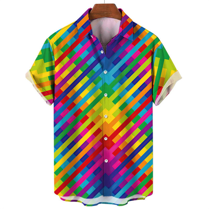 Camisa Masculina De Manga Curta Xadrez Gradiente Arco-Íris Casual Verão Com Botões
