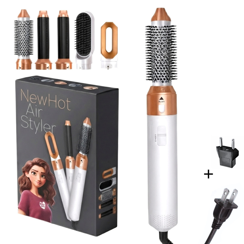 Escova Secadora 5 em 1 Premium Branco/Dourado 110V 💁‍♀️ Seca, Alisa, Modela e Dá Volume | Profissional com Acessórios