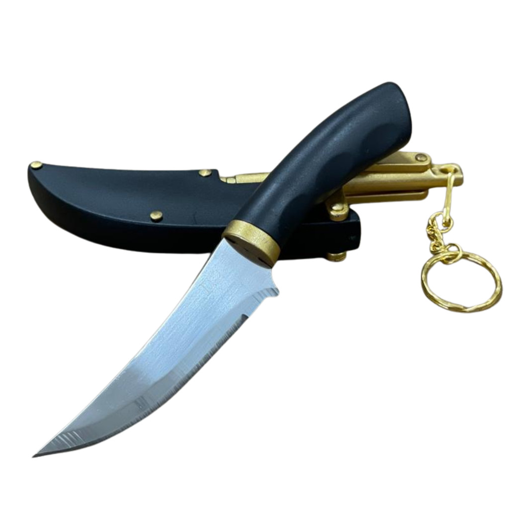 Faca Artesanal Premium D2 – Detalhes em Preto e Dourado com Bainha Rígida e Chaveiro