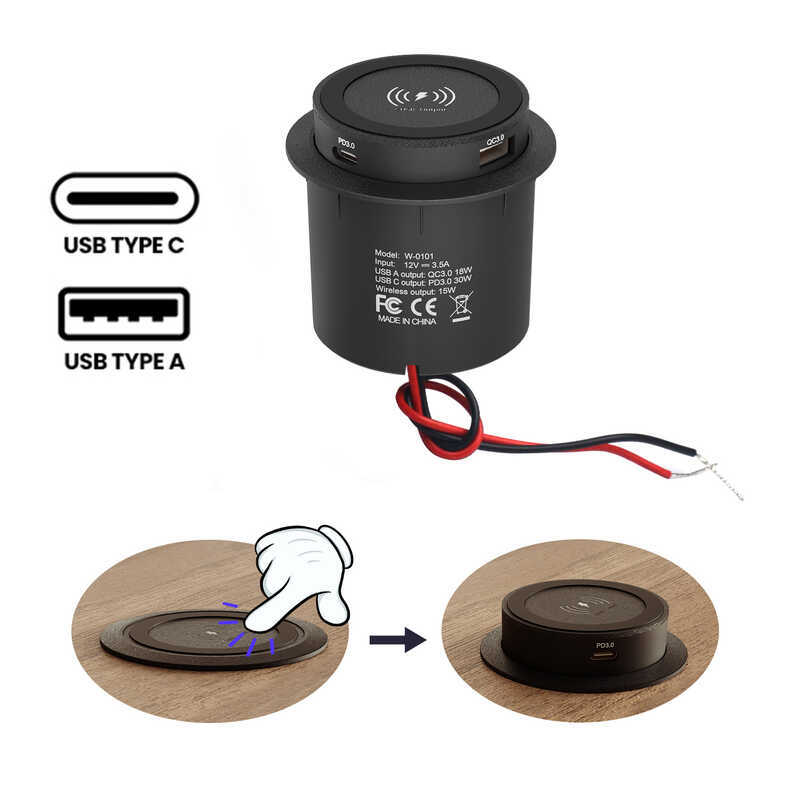 Carregador sem fio 15W embutido Smart Home Desktop Carregador sem fio QC + PD Celular Carga rápida Char