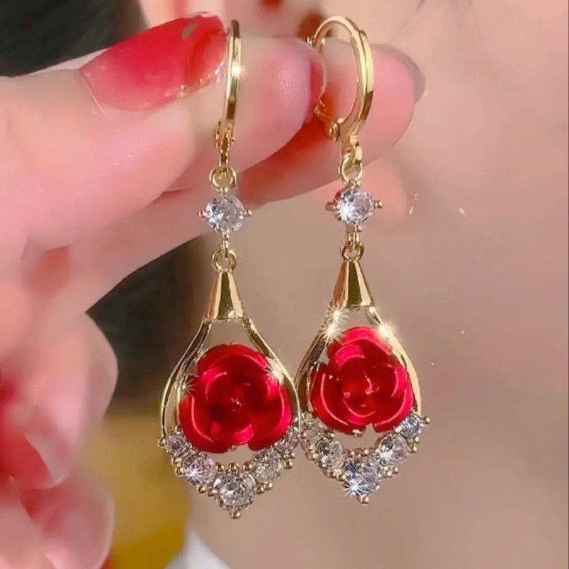 Ruby * versão coreana brincos de rosa vermelha luz luxo High-End piscando brincos de diamante novo estilo brincos da mod