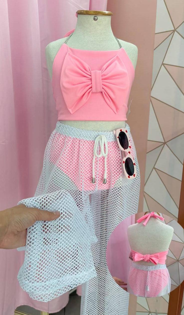 Kit Praia Infantil Biquíni Laço de Strass + Calça Saída de Praia Arrastão