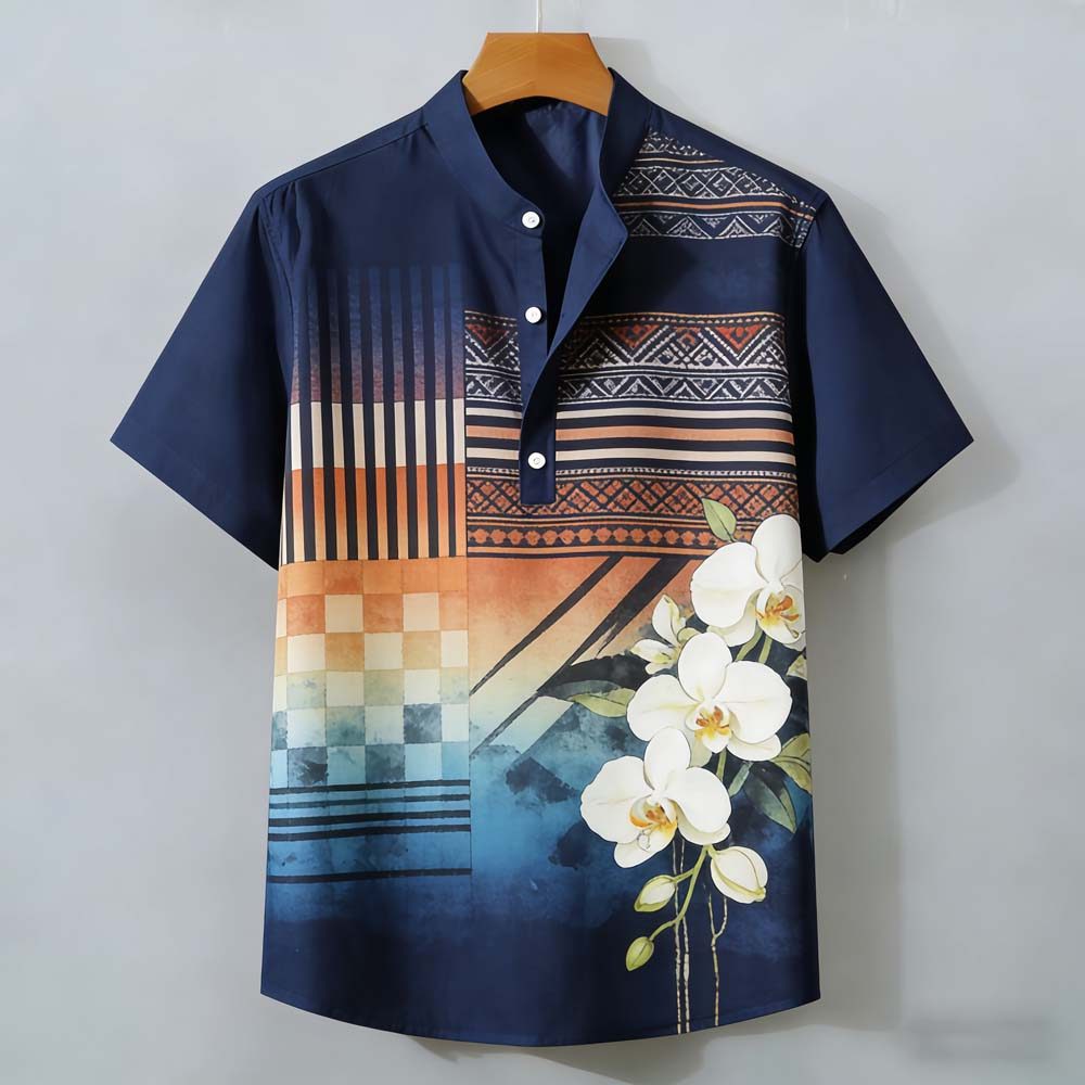 Camisa Masculina Vintage De Manga Curta Com Estampa De Listras E Flores – Blusa Henley Casual Botão Frontal