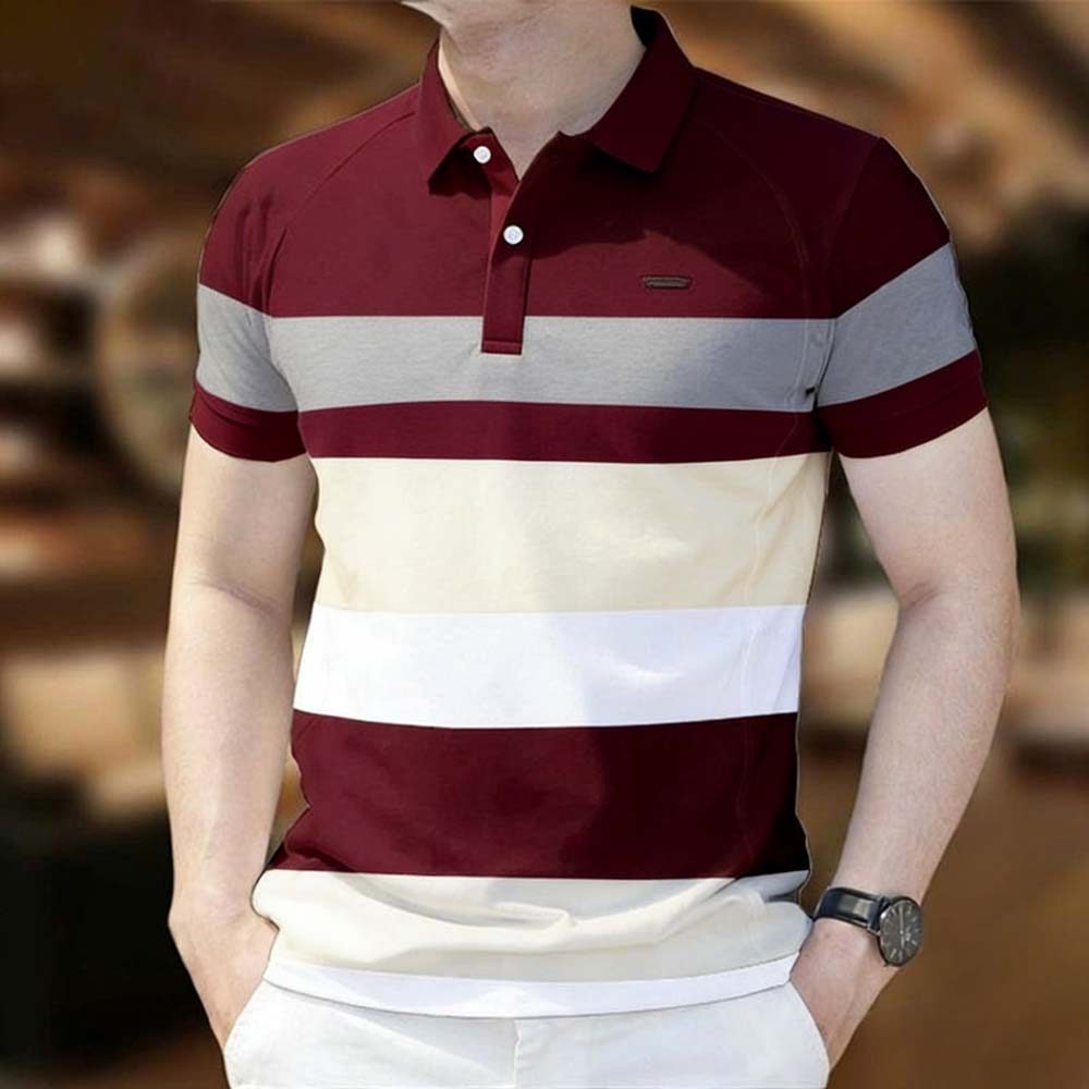 Camisa polo Listrada Masculina , Roupas Casuais De Manga Curta Da Moda , Camiseta Estampada Geométrica Solta Estilo Core
