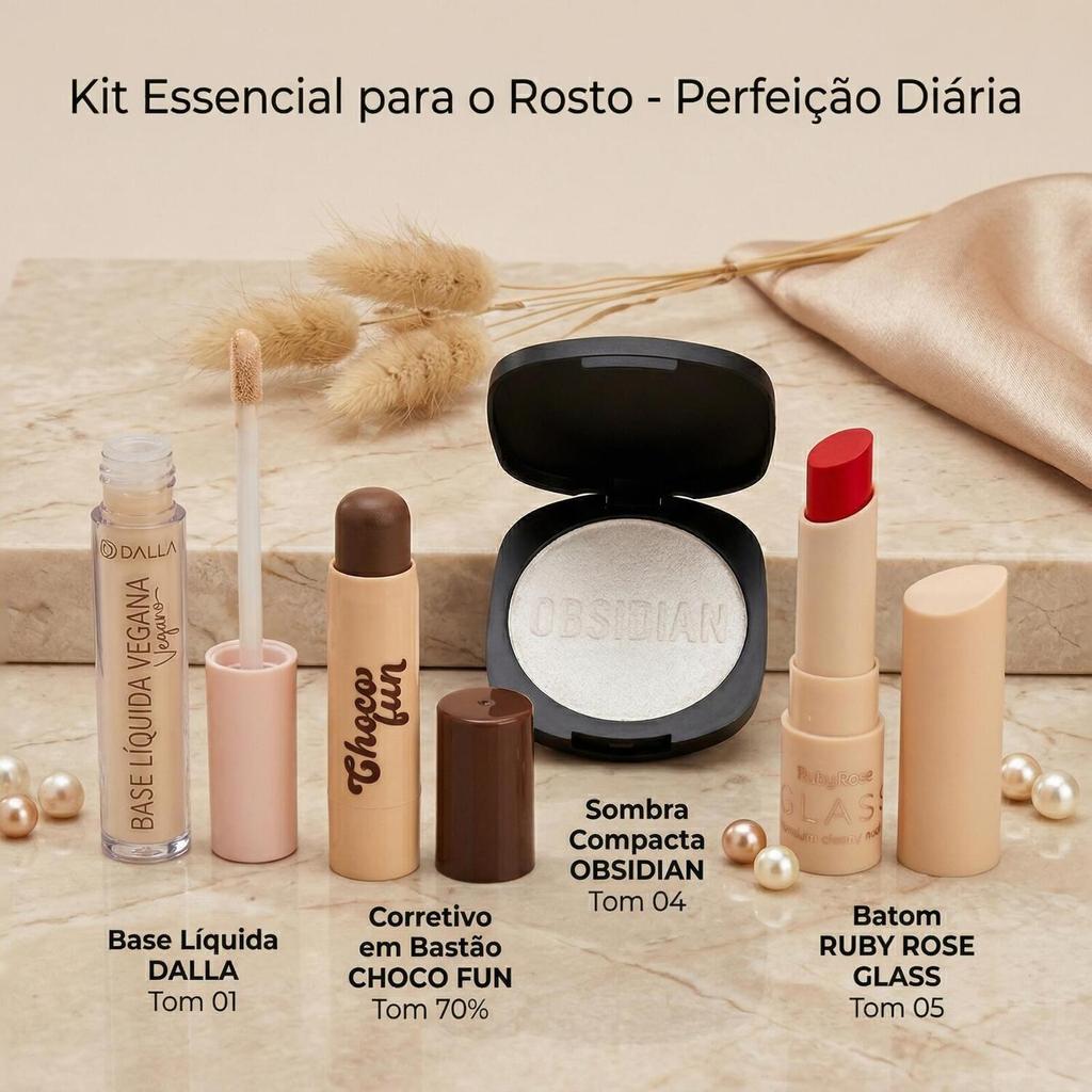 KIT MAQUIAGEM 4 Itens: Base Dalla + Batom Ruby Rose Glass + Corretivo Bastão + Sombra | Combo Pele Perfeita