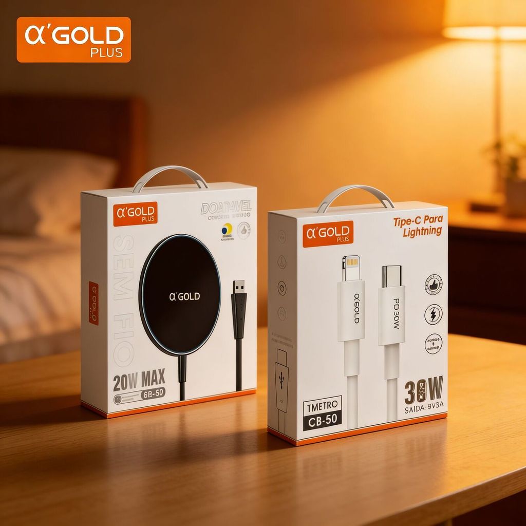 Kit Carregador Sem Fio Magnético A'gold 20W + Cabo Apple Tipo-C Lightning 1 Metro