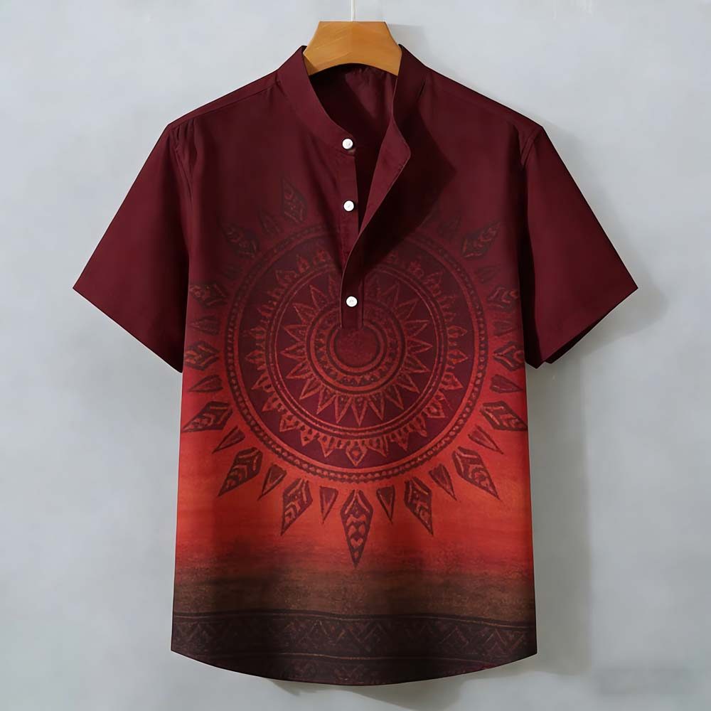 Camisa Masculina De Manga Curta Com Estampa De Mandala De Vinho Tinto Sunset – Blusa Étnica Vintage De Verão Estilo Lega