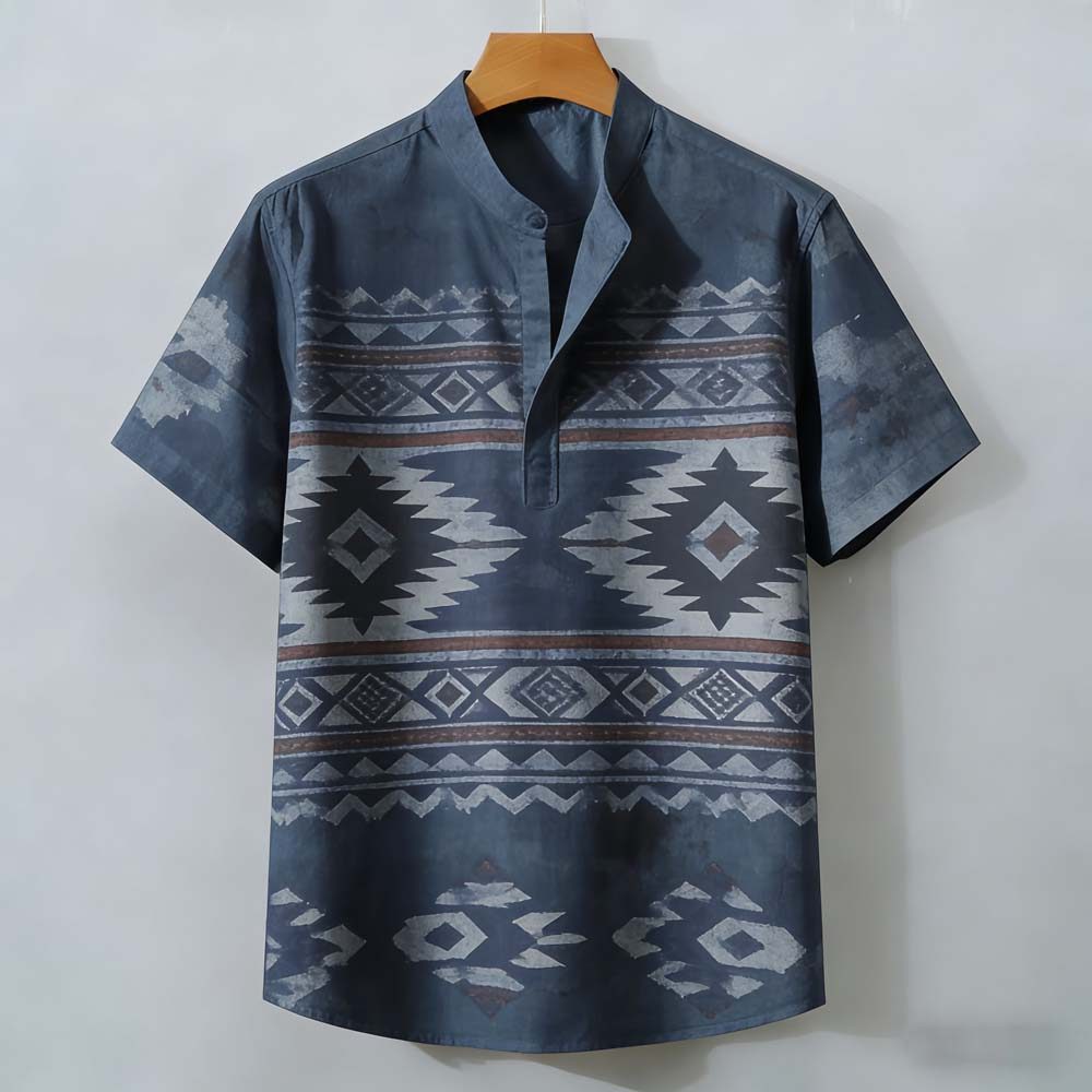 Camisa Henley Masculina Azul Vintage Étnica Com Estampa De Diamante Manga Curta – Top Casual Botões