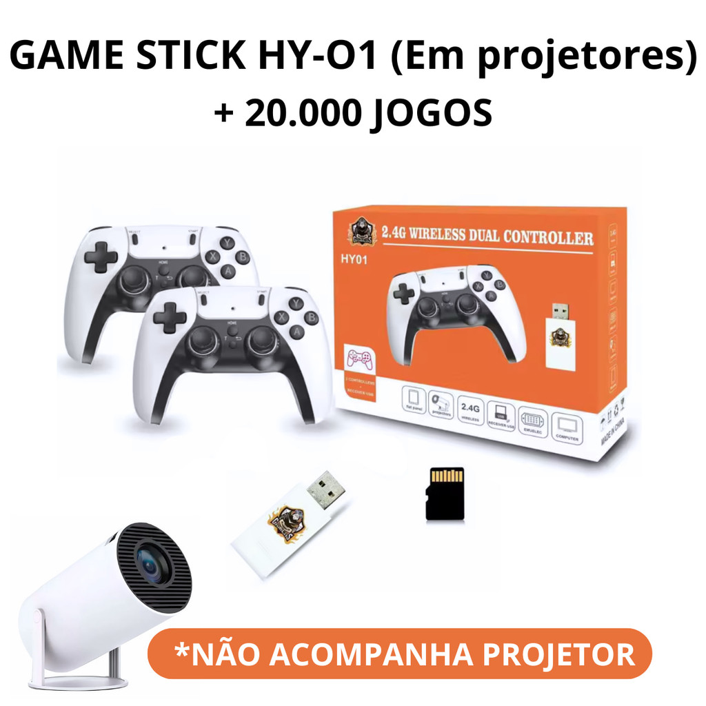 BRANCO HY-01 - Game Stick +20.000 4K Jogos Retrôs e Emuladores e 2 Controles S/ Fio (P/ Projetores)