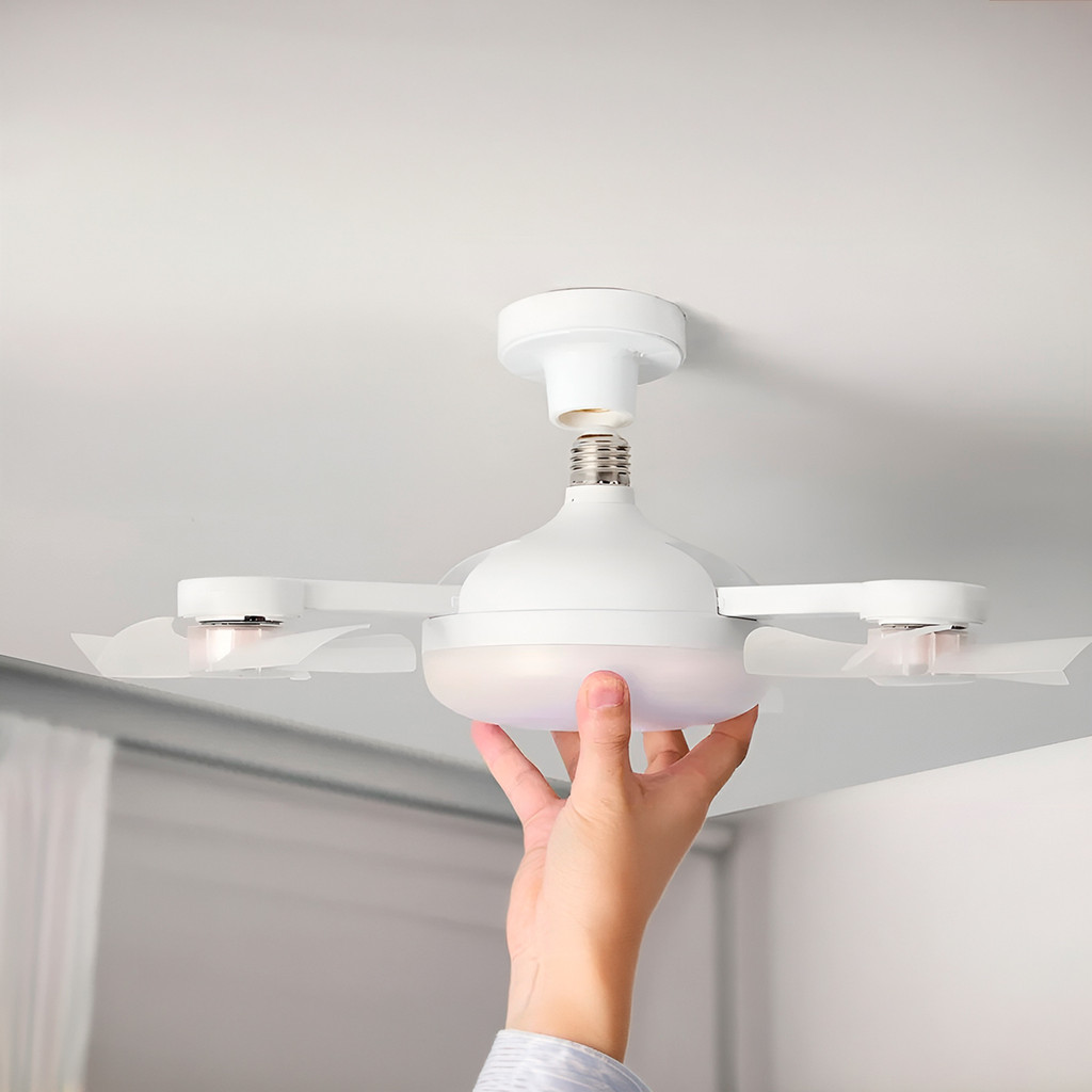 JS Ventilador de Teto com Luminária LED e Controle Remoto – Pás Dobráveis E27 Bivolt