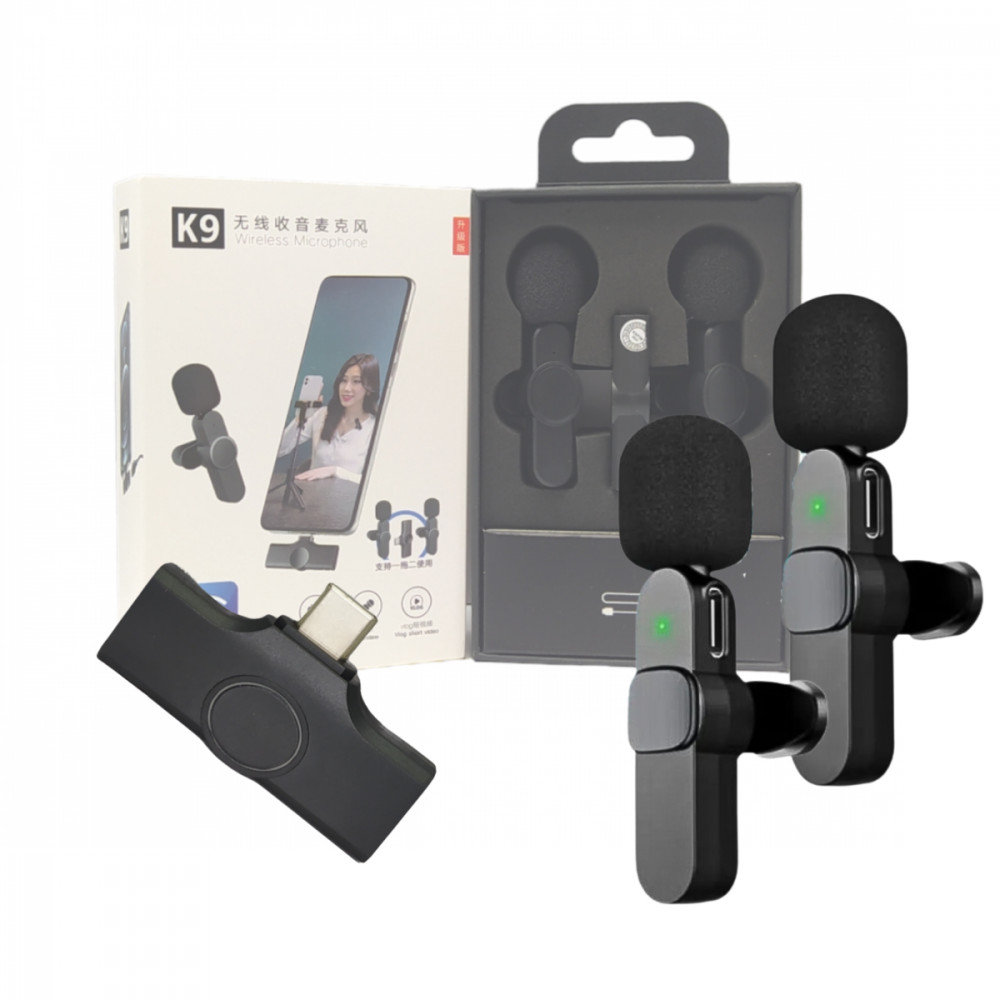 Microfone Lapela Sem Fio Duplo Tipo C Wireless 2.4GHz Vlog Celular Android K9 Original K9-TC-2IN1