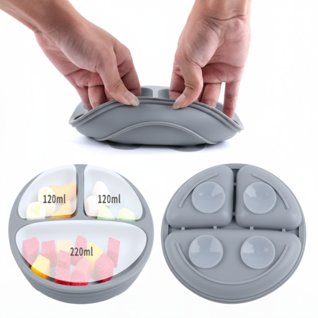 Kit Alimentação Bebê Silicone 6 Peças Cinza – Prato Ventosa Babador Copo Tigela