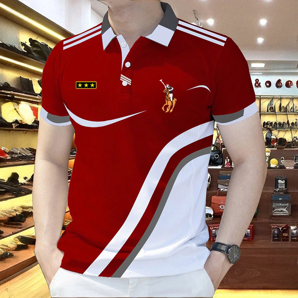 Camisa polo Listrada Masculina , Roupas Casuais De Manga Curta Da Moda , Camiseta Estampada Geométrica Solta Estilo Core — imagem 1