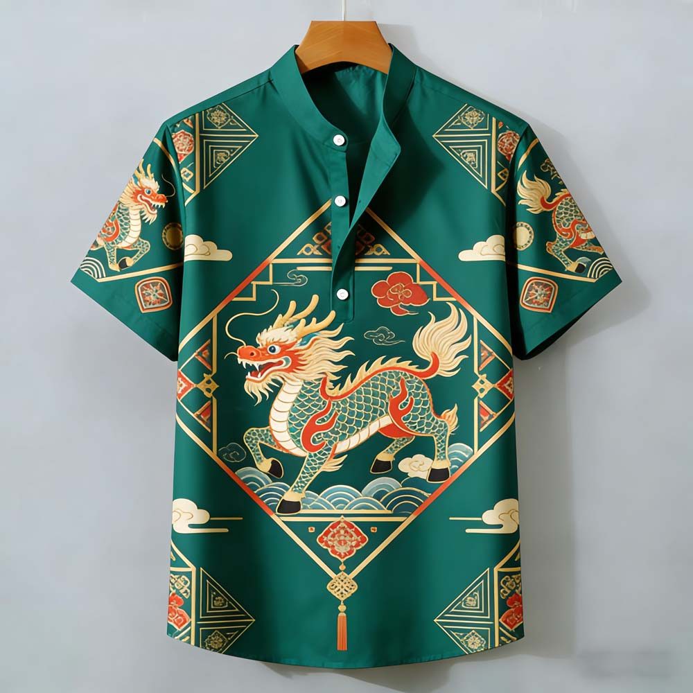 Novo Estilo Chinês Masculino Gola Alta Camisa Dragão Verde Moldura Geométrica Impressão