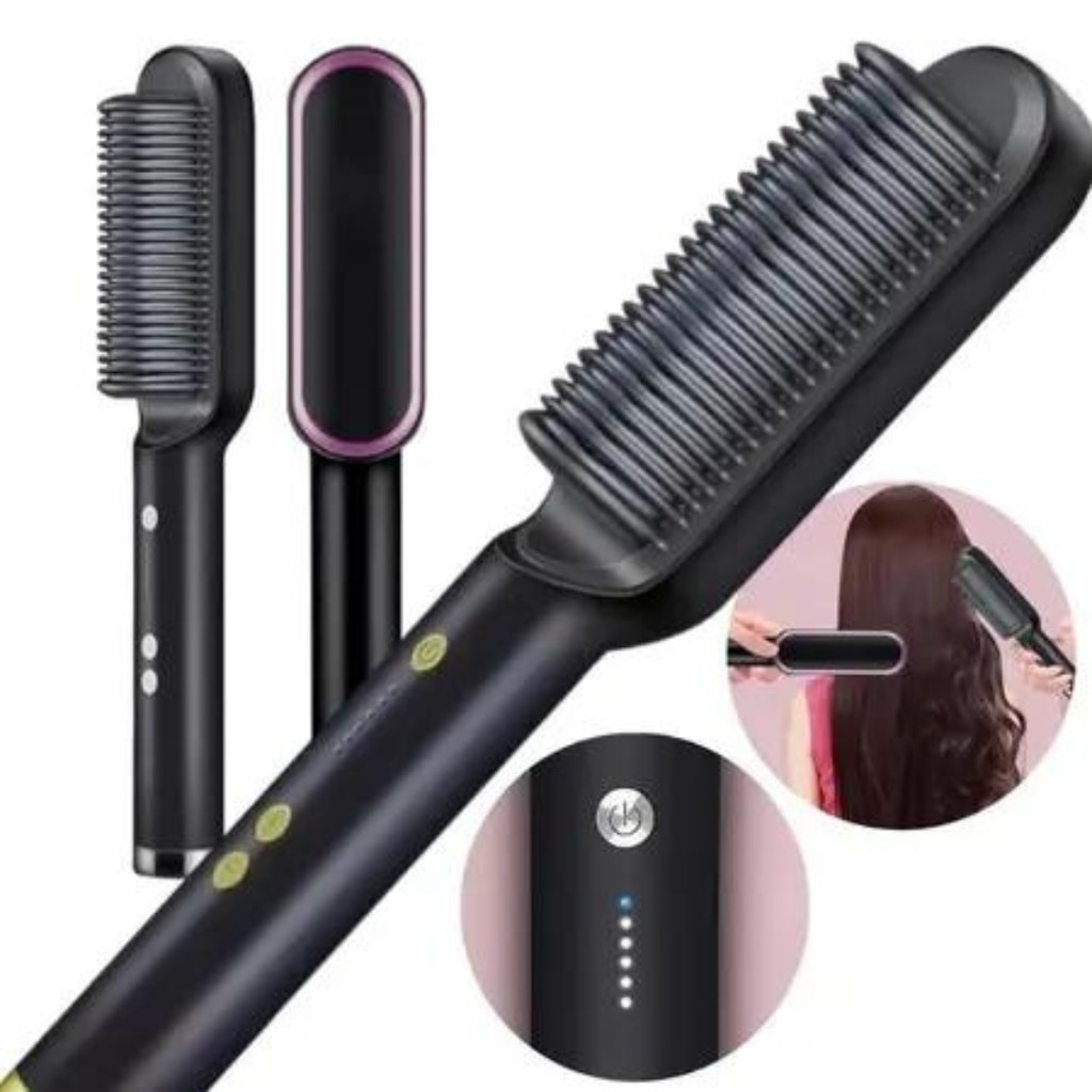 Escova Alisadora De Cabelo Elétrica Bivolt, Alisa, Hidrata, Modela, Alinha e Anti Frizz