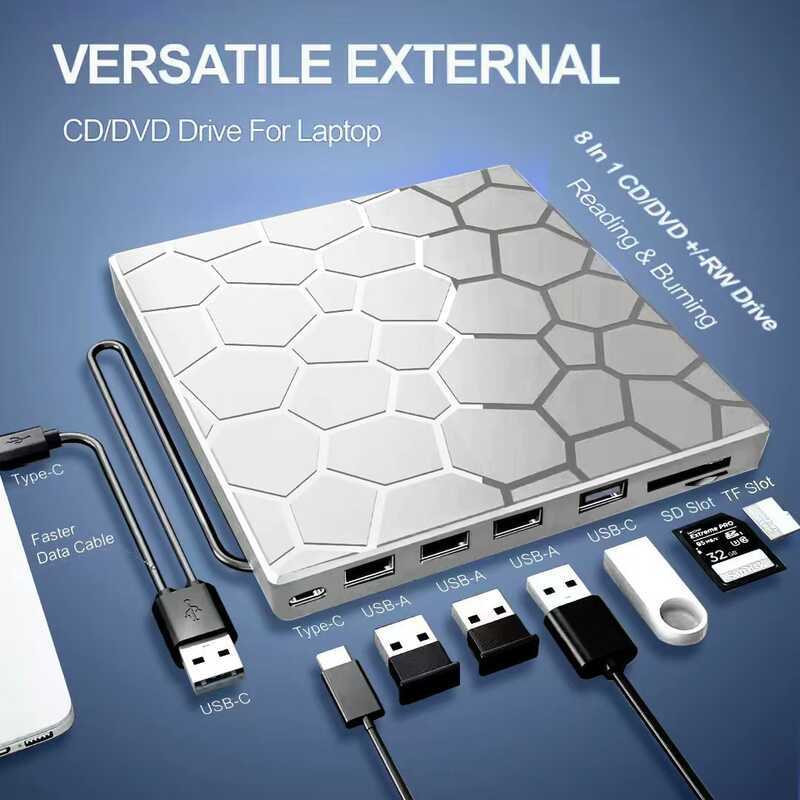 Novo produto prata multifuncional estendido unidade óptica externa gravador de gravação de DVD 8 em 1 USB/TIPO duplo pod