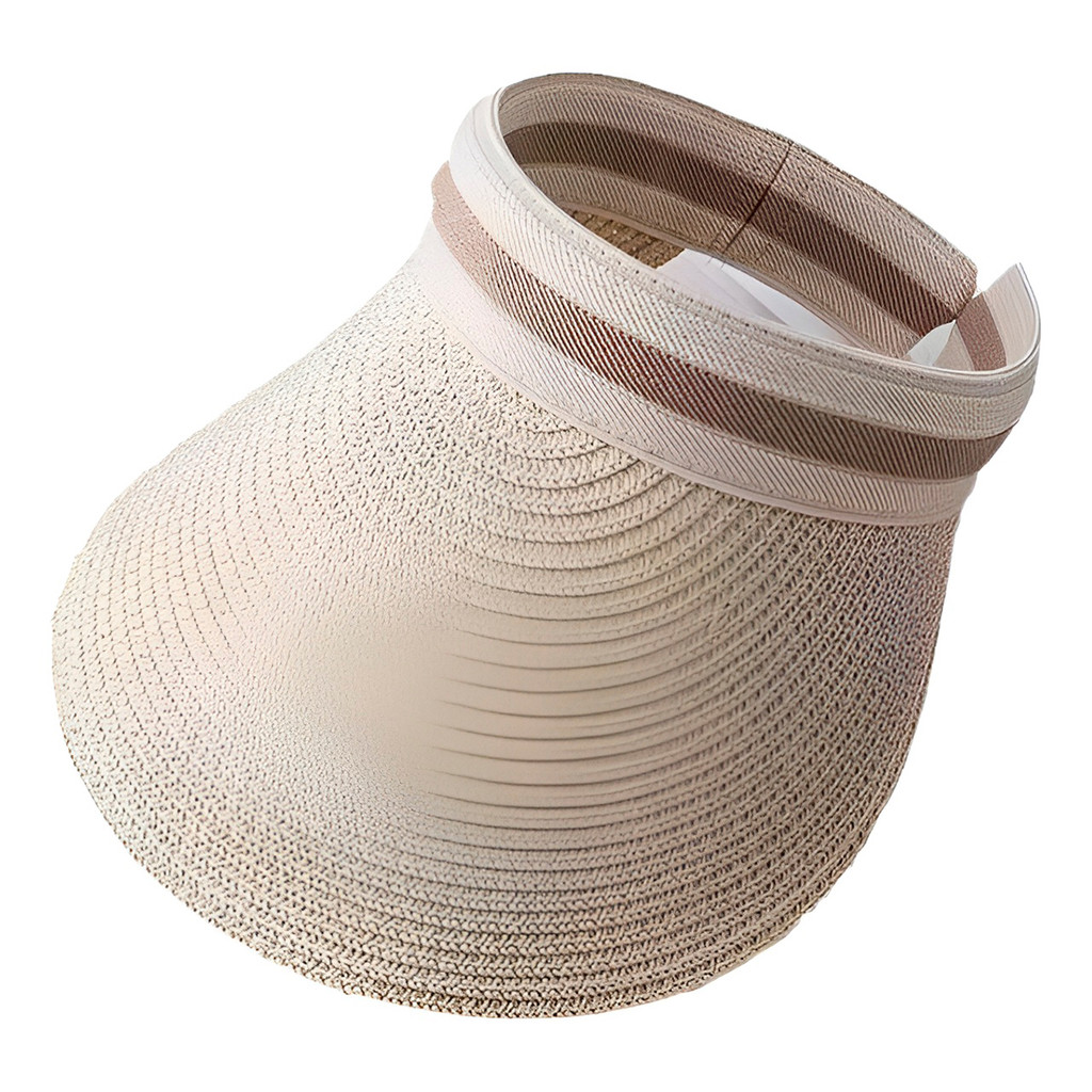 JS Chapéu Viseira de Praia Piscina Feminina Palha Proteção Cor:Bege