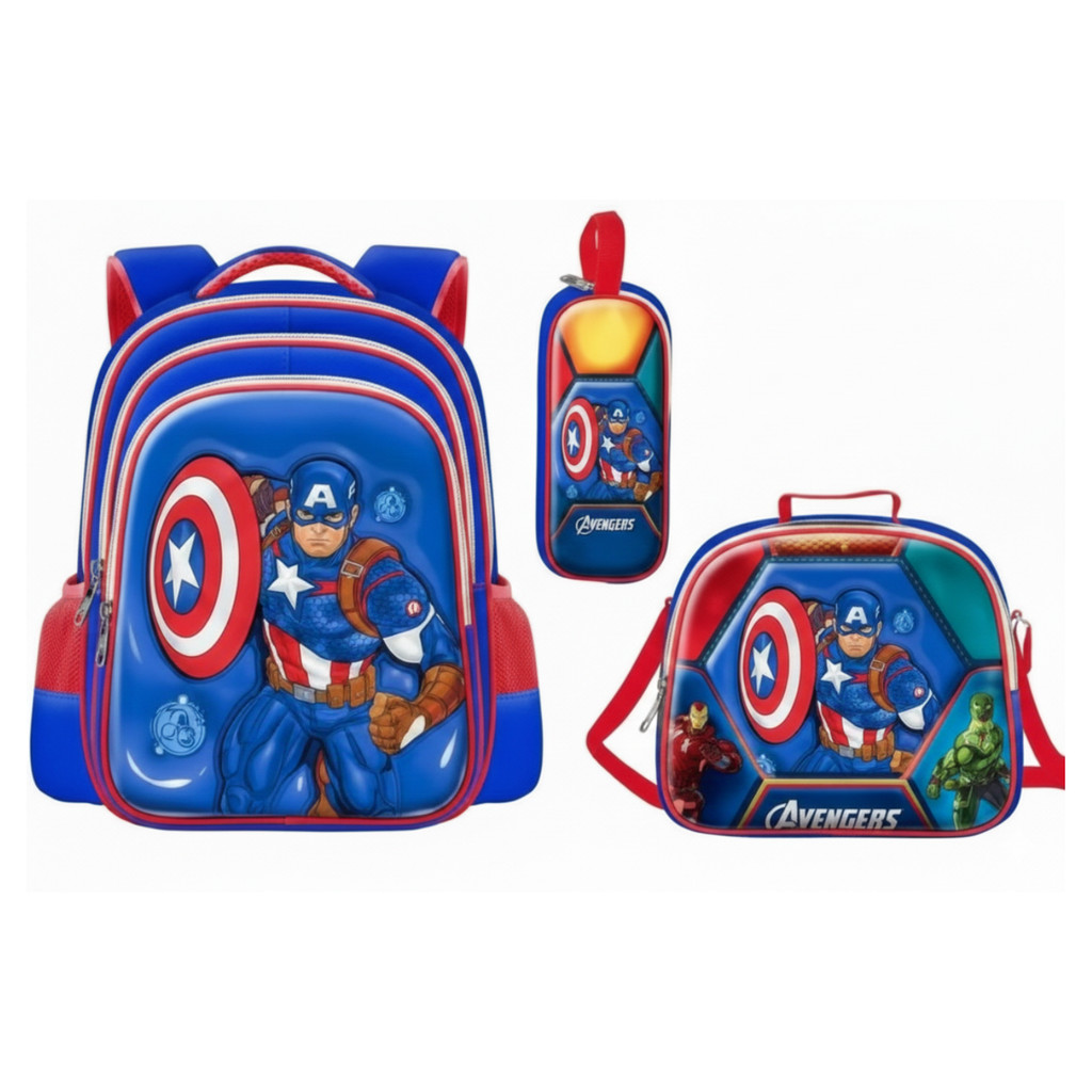 Mochila Capitão América + Estojo e Lancheira Escolar