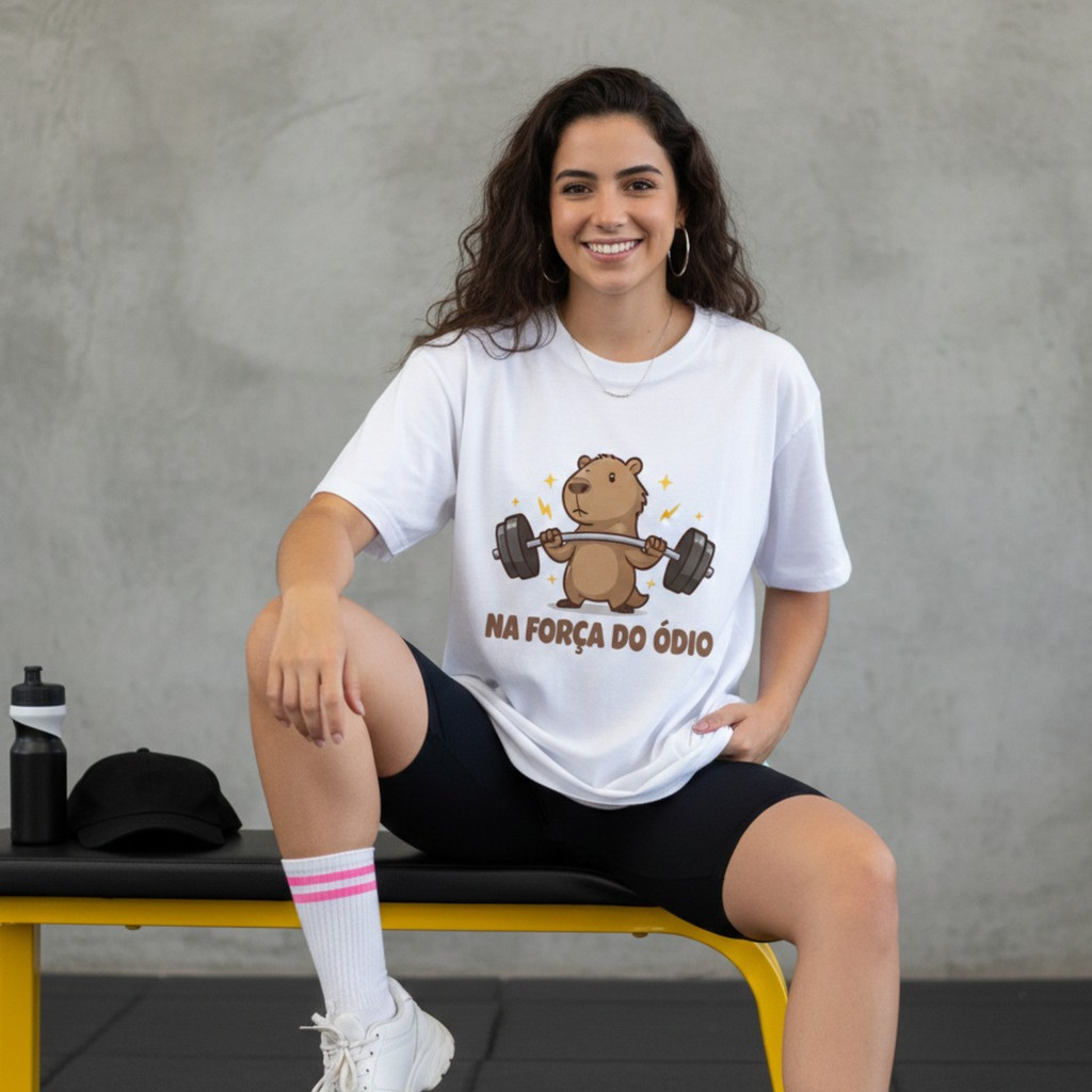 Camiseta Oversized Academia Feminina - "Na Força do Ódio" - Frases Divertidas e Conforto Streetwear