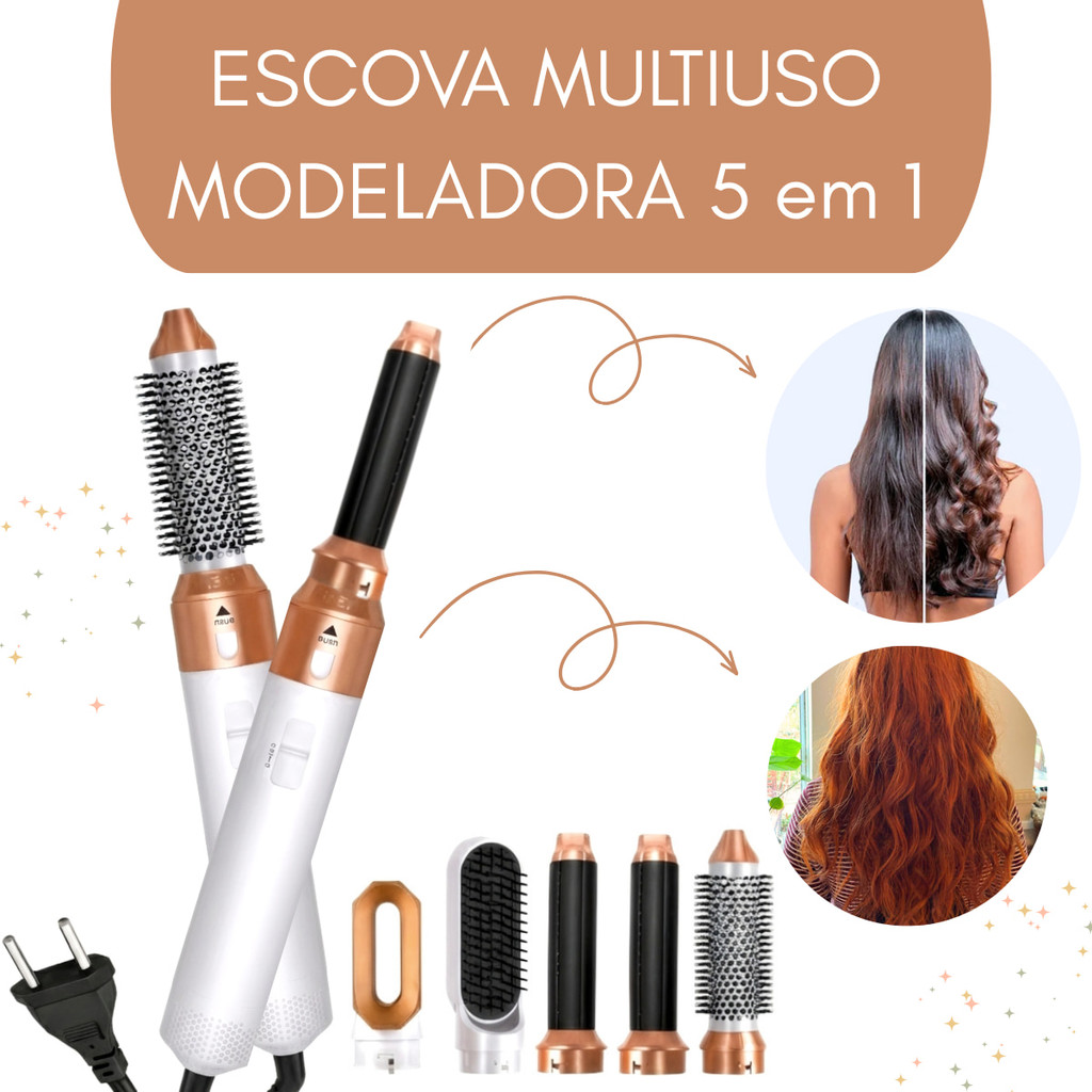 Escova Secadora Modeladora 5 em 1 Premium 220V – Seca, Alisa e Modela – Branco/Dourado