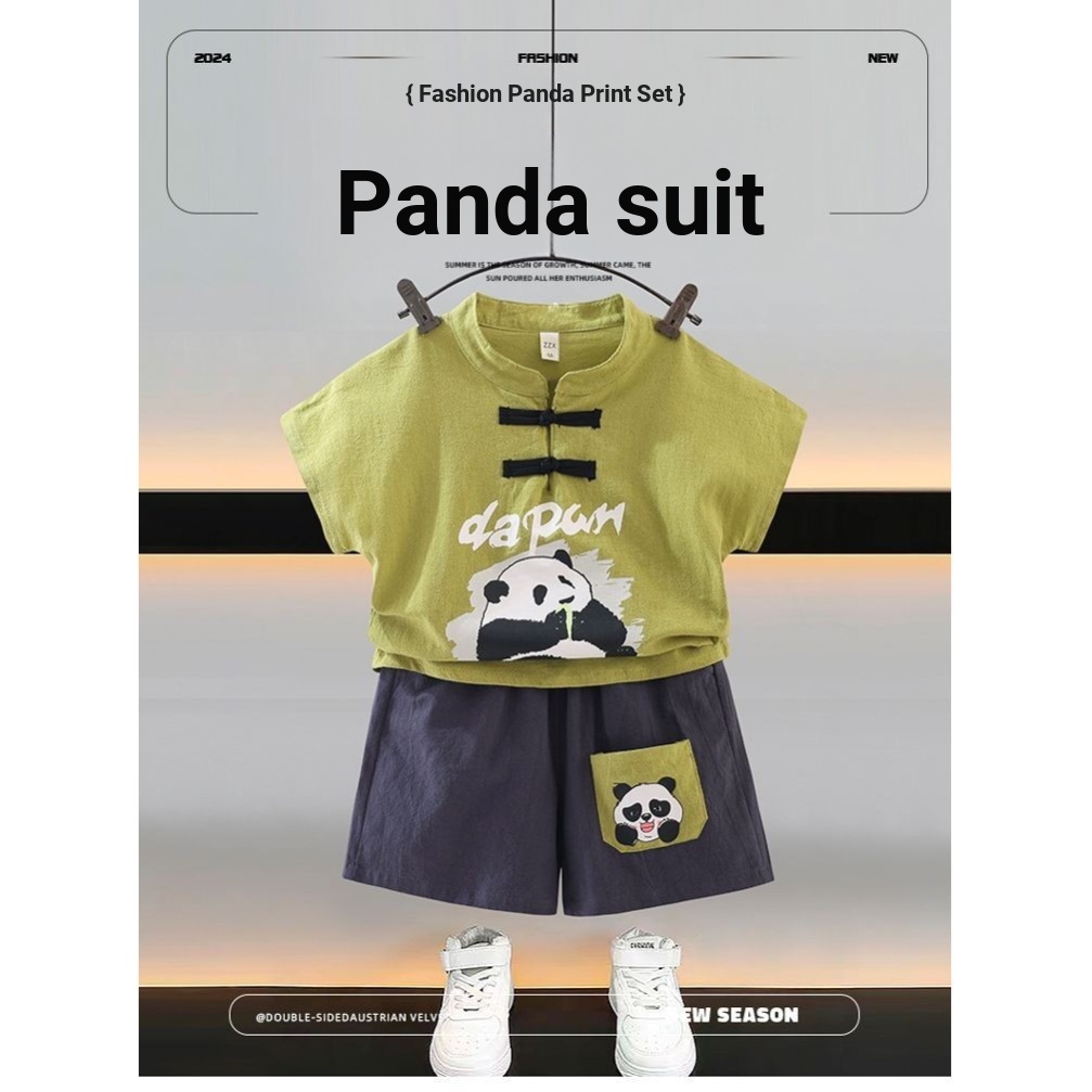 Roupa de Menino Fato de Algodão 2024 Top+Shorts Roupa de Bebê de duas peças Roupa de Bebê de Verão Nacional Trendy Roupa de Verão Infantil Casual Respirável Hanfu Tang Suit 1-8 Anos Roupa de Bebê de Menino