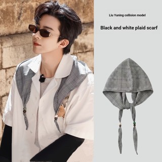 Liu Yuning Mesmo Estilo Contas Preto Branco Xadrez Cachecol Feminino Estilo Coreano Com Capuz Triângulo Lenço Baotou