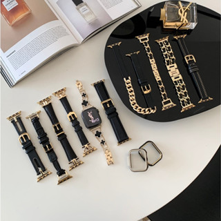Pulseira de couro genuíno série ouro preto para Apple Watch band Ultra 9 8 7 49mm 45mm 44mm 41mm 40mm 6 5 SE 4 3 2 pulseira de metal smartwatch iwatch 6 5 4 3 2 1 42mm 38mm