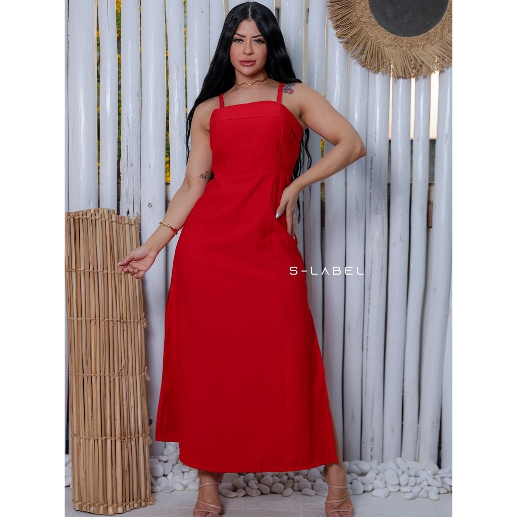 Vestido Midi Linhão Feminino Luxo Amarração nas Costas Drapeado C/ Alcinha Verão