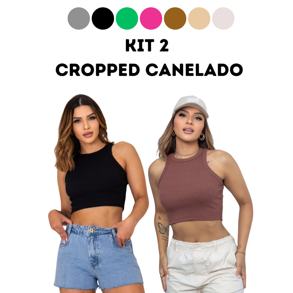 Kit 2 Cropped Canelado Feminino Ribana Casual Slim Moda Feminina Top Blusa