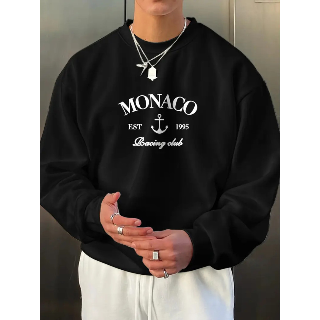 Blusa de Frio Moletom Maculino Casaco Grosso Sem Capuz Flanelado Estampado Monaco Lançamento