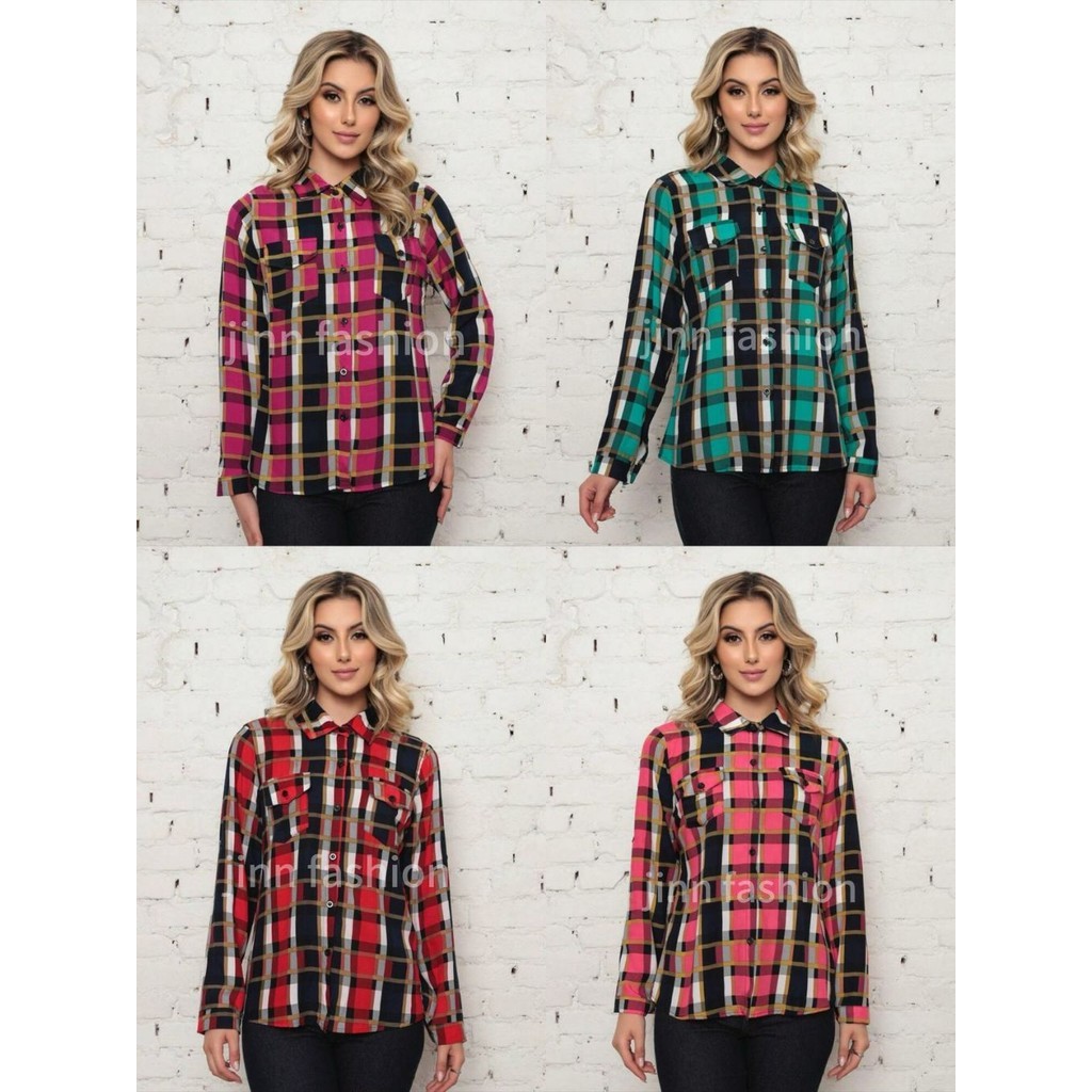 Camisa Xadrez Plus Size Manga Longa Tecido Viscose Forma pequena Moda Feminina