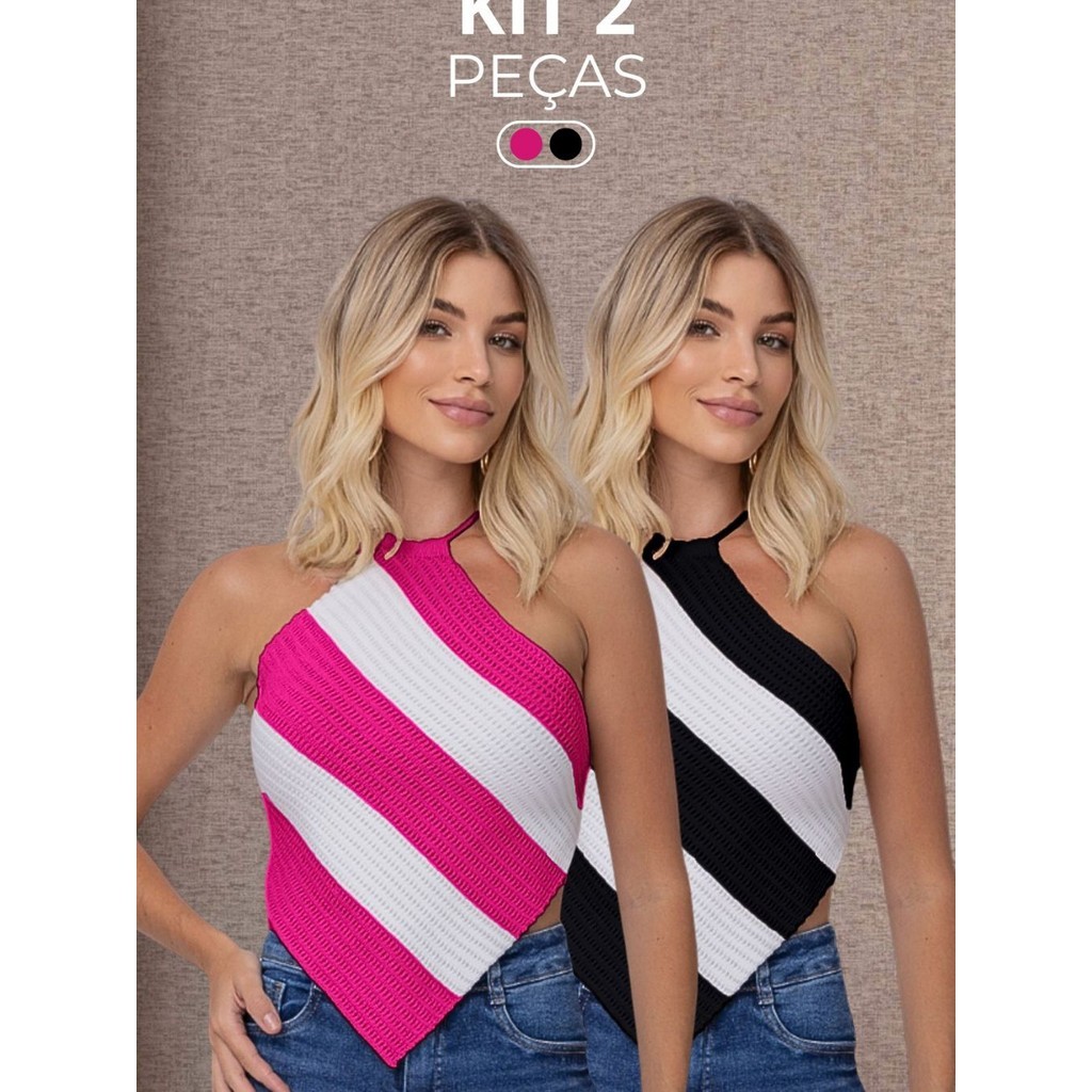Kit 2 Top Lenço Listrado Cropped Feminino Tricot Modal Moda Blogueira Tendencia em Oferta na Shopee
