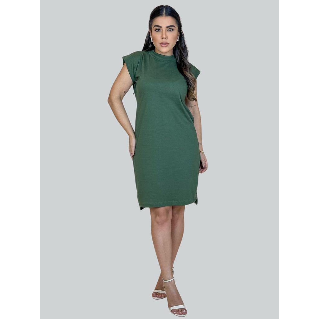 Vestidos Feminino Midi Com Bolso Vestido De Manga Curta Muscle Tee Tecido Algodão Verde Musgo