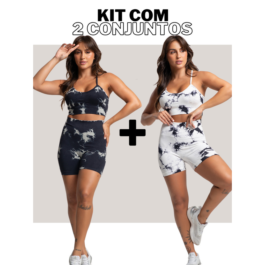 KIT 2 Conjunto Fitness Estampado Academia Short Top Poliamida Bojo Removivel Feminino