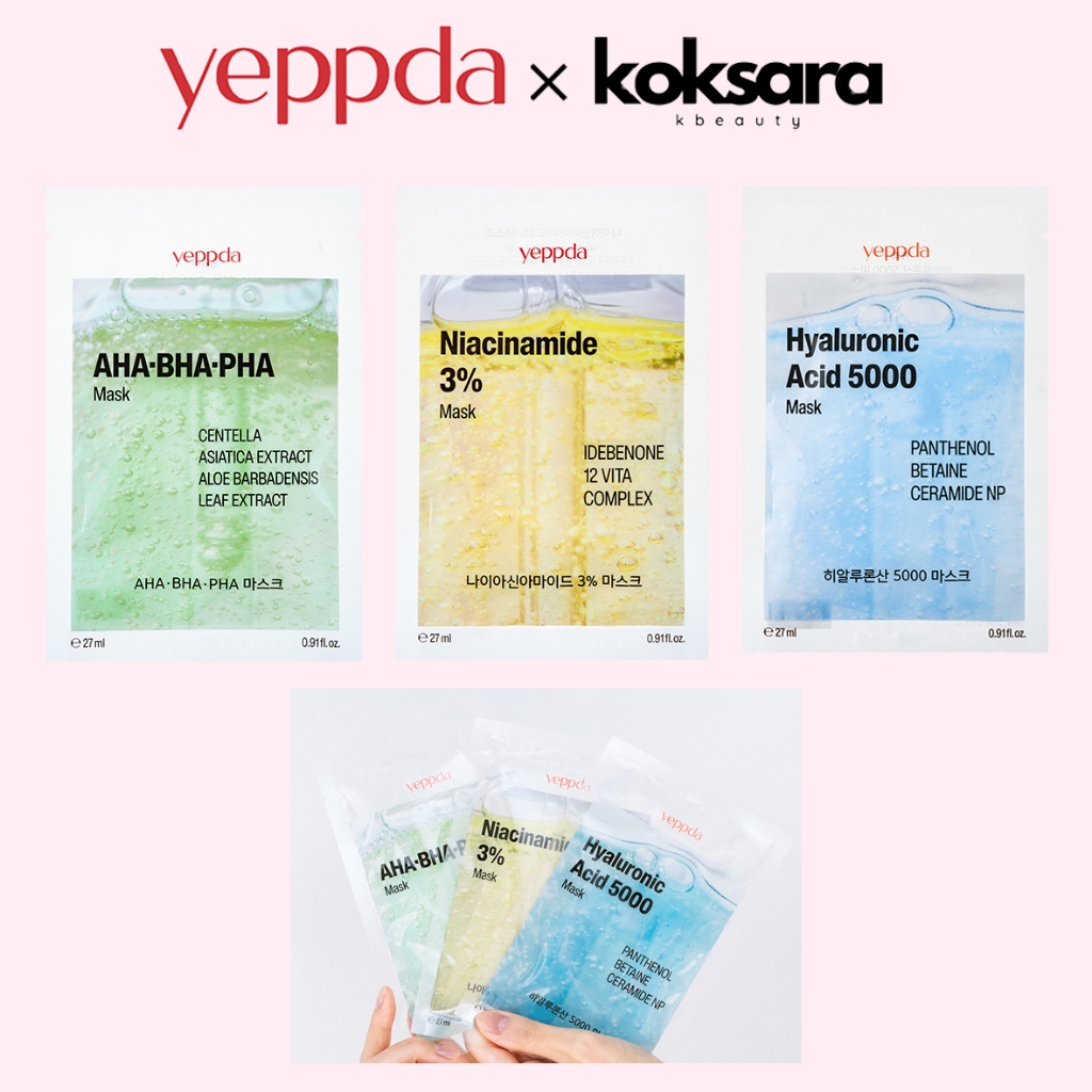 yeppda collection of masks 3type 27ml(Niacinamide 3% Mask/Hyaluronic acid 5000 Mask/AHA+ BHA+ PHA  Mask ) - Beauty