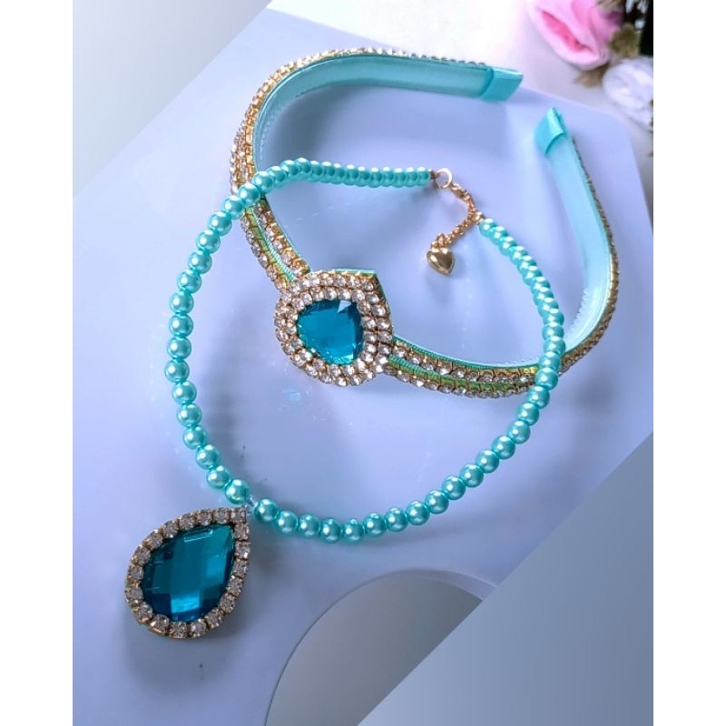 Tiara e Colar Princesa Jasmine | Azul Turquesa Luxo - Infantil / Juvenil / Adulto