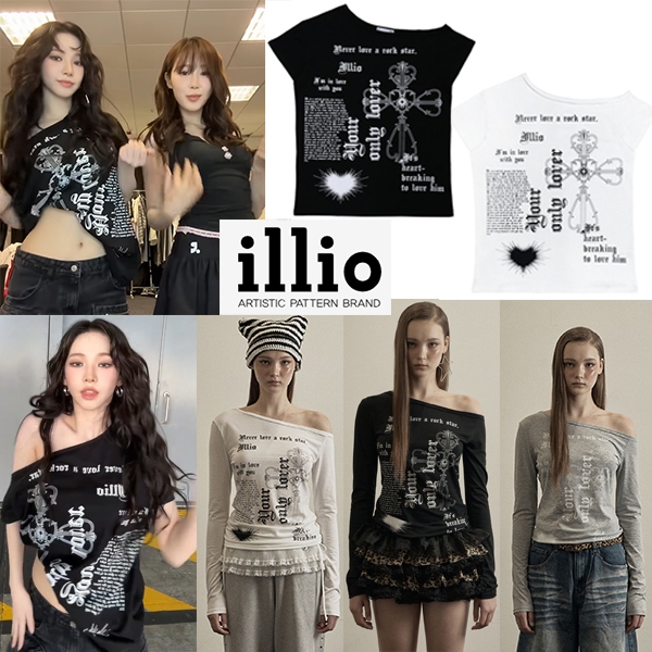 [Produto Genuíno Da Coreia illio LOVER ONE SHOULDER T-Shirt] aespa karina 2 Cores Preto Branco Coreano Mulher Feminina K-pop idol Estilo fashion Mangas Curtas