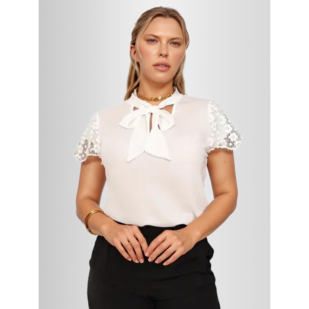 Blusa Laço Evangélica Gola Renda Social Chique Feminina Social Camisa Bordada Pedraria Colchwork