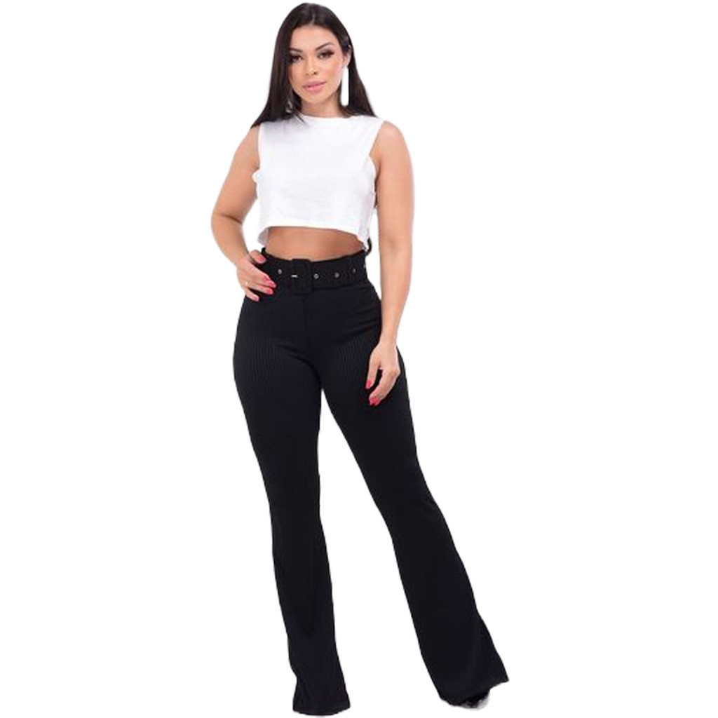 Calça Feminina Flare 3d Veludo Canelada Cintura Alta Social Boca de Sino Legging Calça