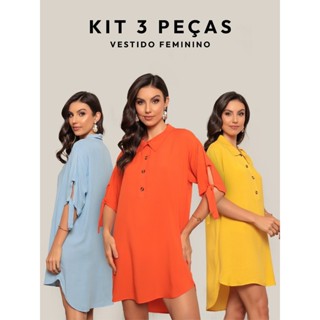 Kit 3 Vestido Chemise Camisão Chamise Manga 3/4 Blusa Mullet Botões Verão Moderno Soltinho em Oferta na Shopee