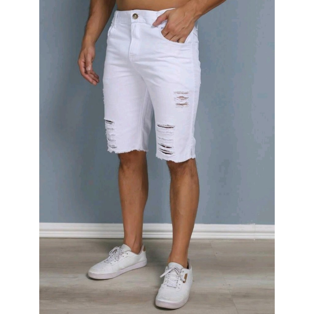Bermuda Jeans Masculino Com Lycra Elastano Destroyed Rasgado Slim Fit Direto da Fabrica Estilo Casual Fashion com Lycra