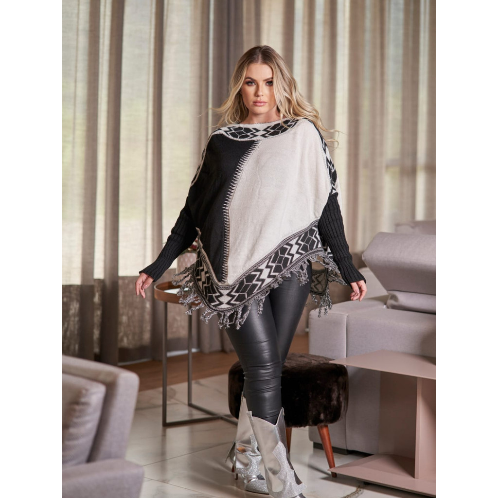 Poncho em Tricot com Franjas Inverno Frio Outono - Saudara Tricot