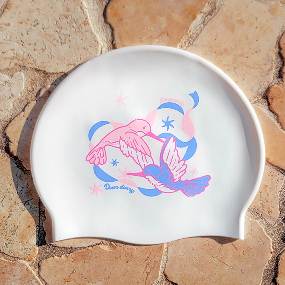 Touca De Natação De Silicone Exclusiva De designer Coreano [Serenade] Rosa E Azul Amarelo Verde Pássaro Mulheres Homem C