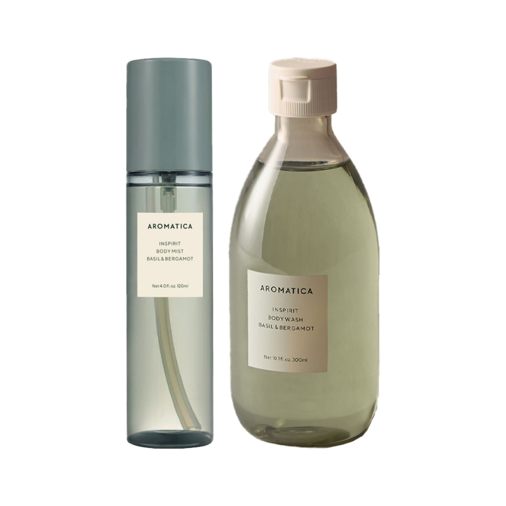 aromatica inspirit basil & bergamot bodymist 120ml, bodywash 300ml em Oferta na Shopee