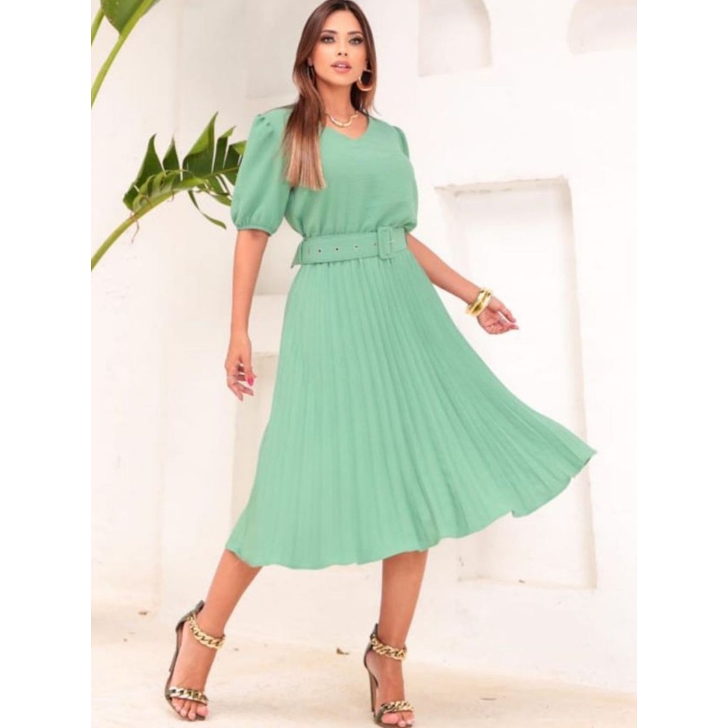 Vestido Plissada Midi Feminina Moda Evangélica com Cinto