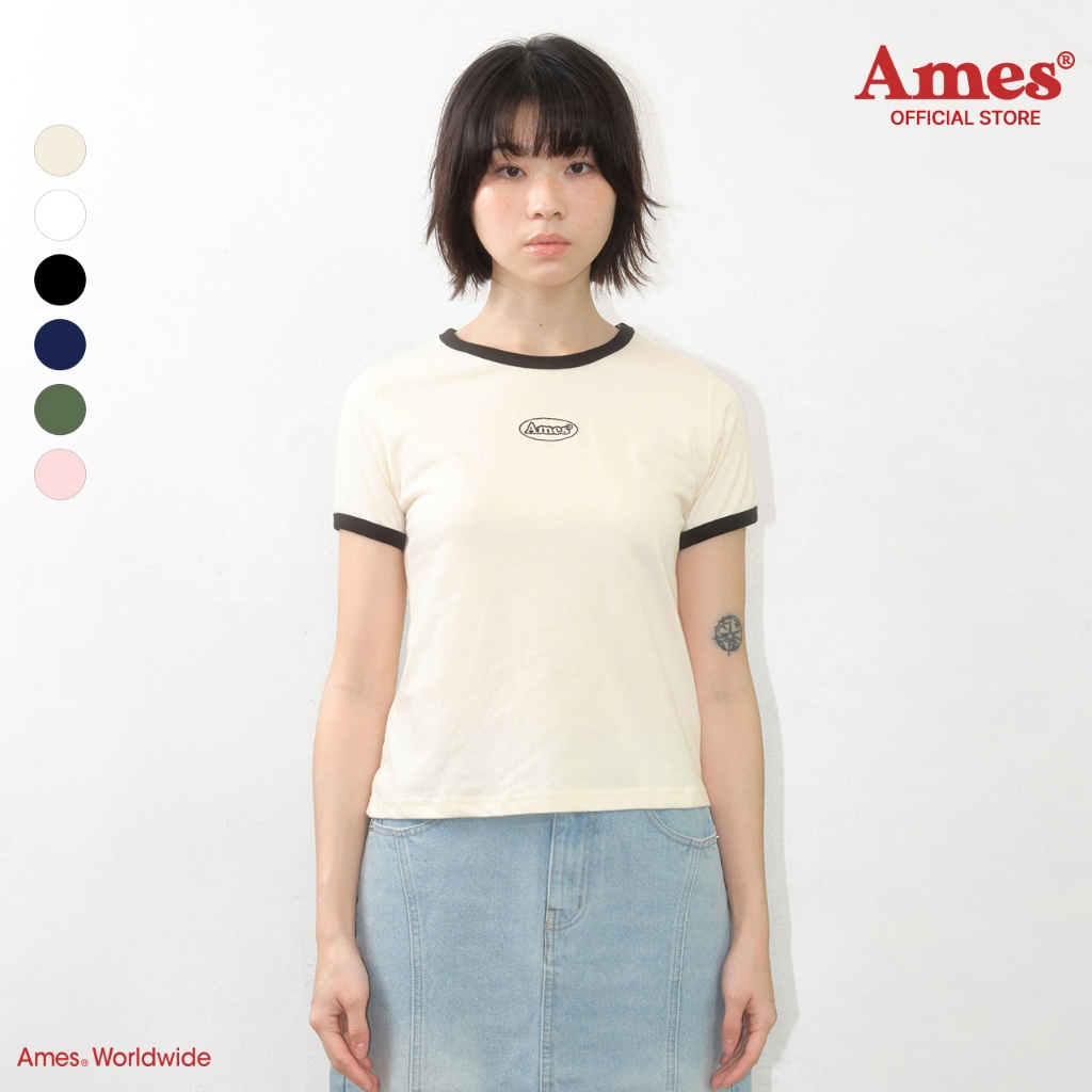 [AMES] Tee CROP Bordado Com Logotipo Do Símbolo_estilo Coreano
