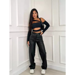 Calça Wide Leg Feminina Cintura Alta Couro Fake Preta Pantalona Retrô Moda Gringa Blogueira Balada