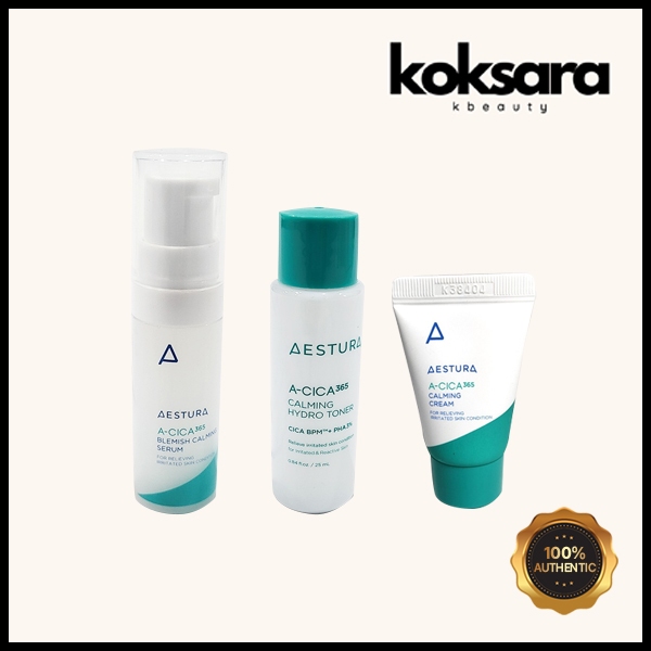 aestura a-cica365 calming hydro toner 25ml, blemish calming serum 5ml, calming cream 10ml