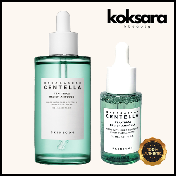 Dois frascos de Skin1004 Madagascar Centella Tea-Trica Relief Ampoule, um de 100ml e outro de 30ml, com conta-gotas e líquido esverdeado, sobre fundo claro.